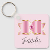Roze Glam Bow met een Center Edelsteen Sleutelhanger (Voorkant)