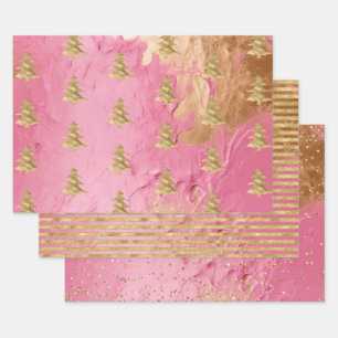 Roze Glam Goud Kerstboom Strepen Sparkle Inpakpapier Vel