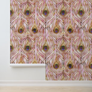 Roze Glam gouden pauwenveren Behang