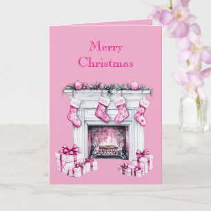 Roze Glam Kerst Sok voor de Haard Kaart