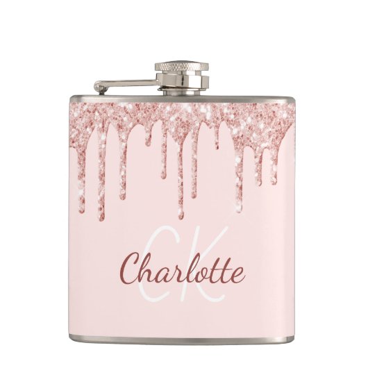 Roze glans roosgoud monogram naam heupfles (Voorkant)