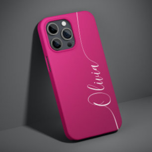 Roze Glans Witte Elegante Calligrafie Script Naam Case-Mate iPhone 14 Hoesje