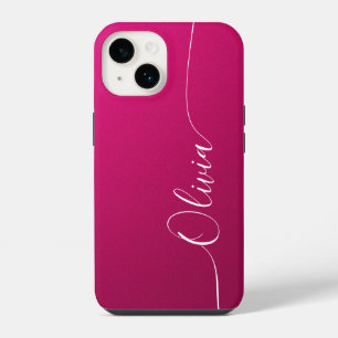 Roze Glans Witte Elegante Calligrafie Script Naam iPhone 14 Hoesje
