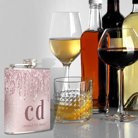 Roze glansdruppels monogram naam heupfles