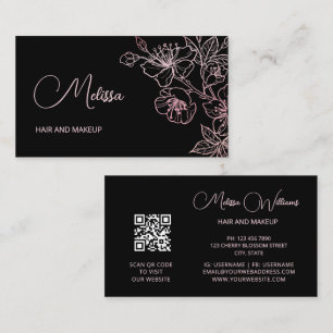 Roze glanzend metal zwart bloemmotief QR-code Visitekaartje