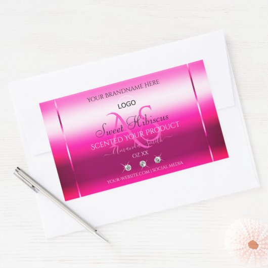 Roze Glanzend Productlabel Diamanten Initiaal Logo Rechthoekige Sticker (Envelop)