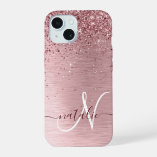 Roze Glanzende Borstelmetaal Glitter Monogram Naam iPhone 15 Hoesje
