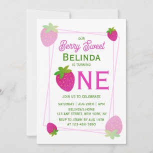 Roze Glanzende Glitter Y2K Aardbei 1e Verjaardag Kaart