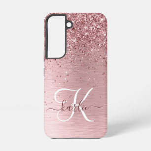 Roze Glanzende Metaal Glitter Monogram Naam Samsung Galaxy Hoesje