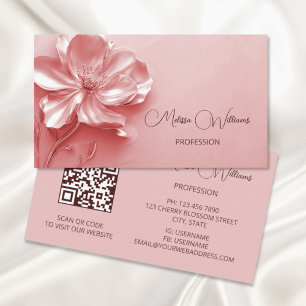 Roze Glanzende Metallic 3D Bloem Visitekaartje