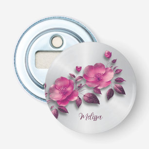 Roze Glanzende Metallic Bloem Zilver Button Flesopener