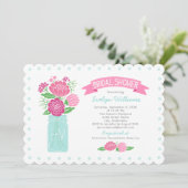 Roze glazen pot monogram bruiloft bruidsdouche kaart (Staand voorkant)