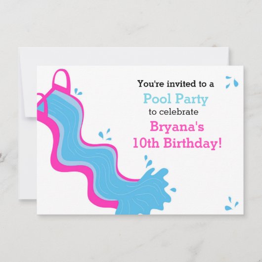 Roze Glijbaan Zwembad Zwemfeest Meisjes Uitnodigin Kaart (Voorkant)