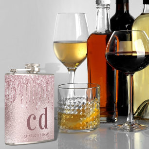 Roze glinsterende druppels monogram naam heupfles