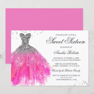 Roze glinsterende jurk Sweet Sixteen uitnodiging