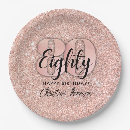 Roze Glitter'80th Birthday Paper Borden Papieren Bordje (Voorkant)
