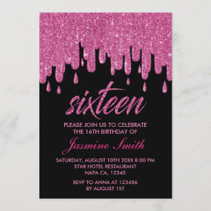 Roze Glitter 16th Birthday Party Kaart