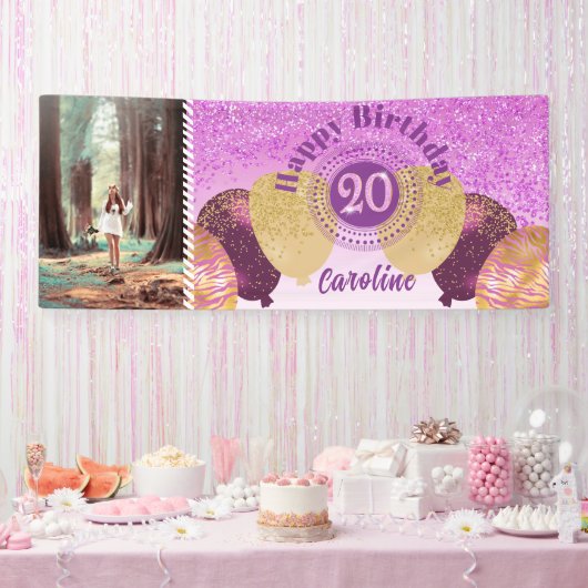 Roze glitter 20e verjaardag & ballonnen Banner (Feest)