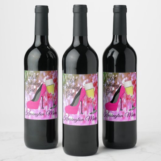 Roze Glitter 21e Verjaardag Meisje Mousserende Wij Wijn Etiket (Flessen)