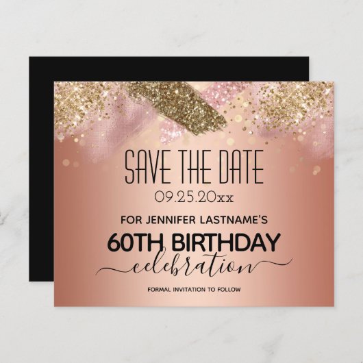 Roze Glitter 60th Birthday Save the Date Budget (Voorkant / Achterkant)