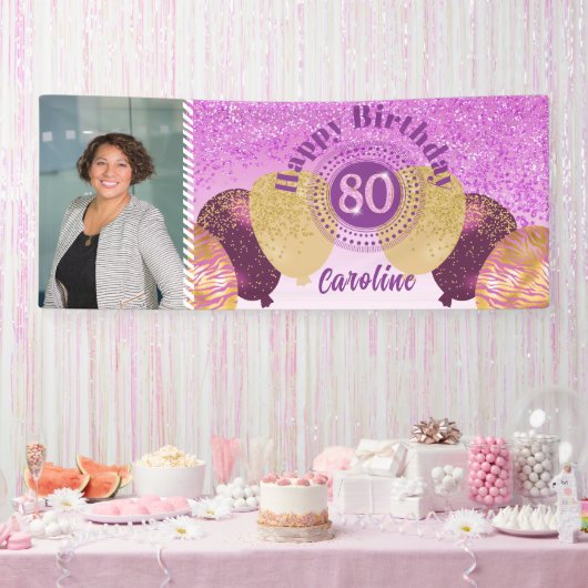 Roze glitter 80e verjaardag & ballonnen Banner (Feest)