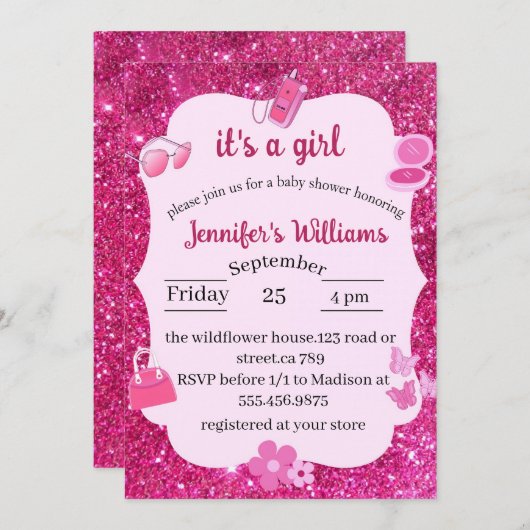 Roze Glitter baby meisje douche Kaart (Voorkant / Achterkant)