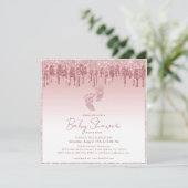 Roze Glitter Baby shower Uitnodiging met Baby Feet (Staand voorkant)