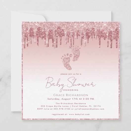 Roze Glitter Baby shower Uitnodiging met Baby Feet (Voorkant)