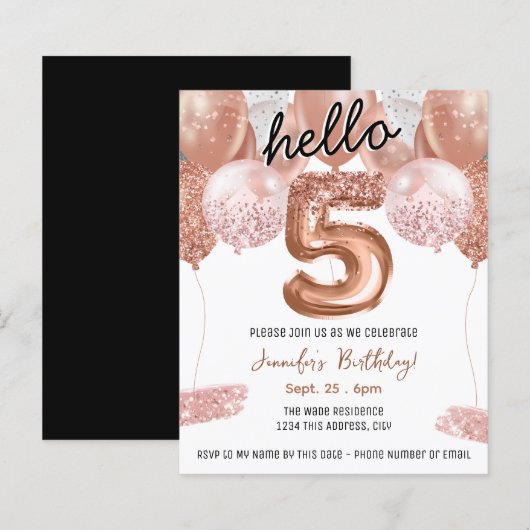 Roze Glitter Ballonnen 5e Verjaardagsfeestje (Voorkant / Achterkant)