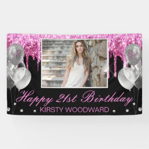 Roze Glitter & Ballonnen Verjaardag Spandoek