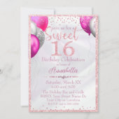 Roze Glitter Ballons op Satijn Sweet 16 Verjaardag Kaart (Voorkant)