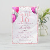 Roze Glitter Ballons op Satijn Sweet 16 Verjaardag Kaart (Staand voorkant)