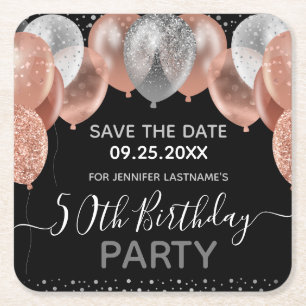 Roze Glitter Balloons 50th Birthday Save the Date Vierkante Kartonnen Onderzetter