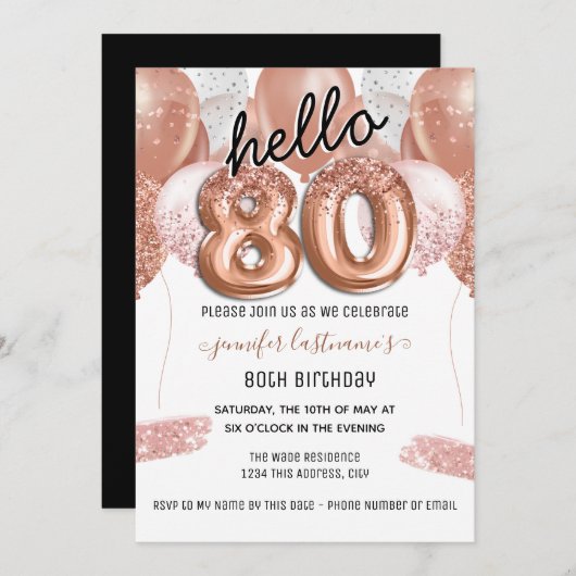 Roze Glitter Balloons 80th Birthday Party Kaart (Voorkant / Achterkant)