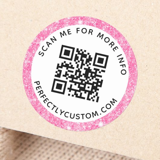 Roze glitter bekijk grens QR code en tekst Ronde Sticker