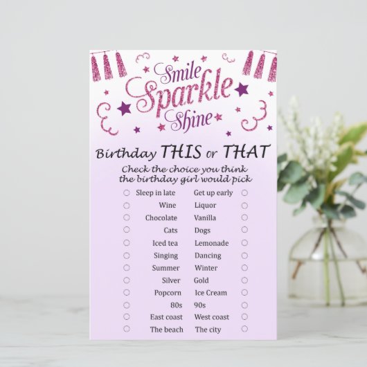 Roze glitter Birthday Dit of dat spel (Staand voorkant)