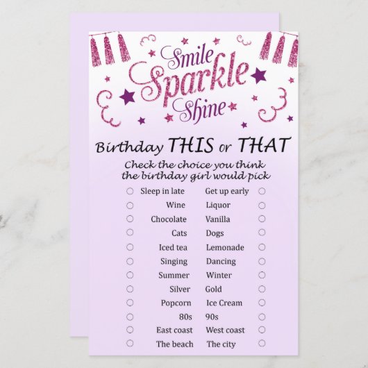 Roze glitter Birthday Dit of dat spel (Voorkant / Achterkant)