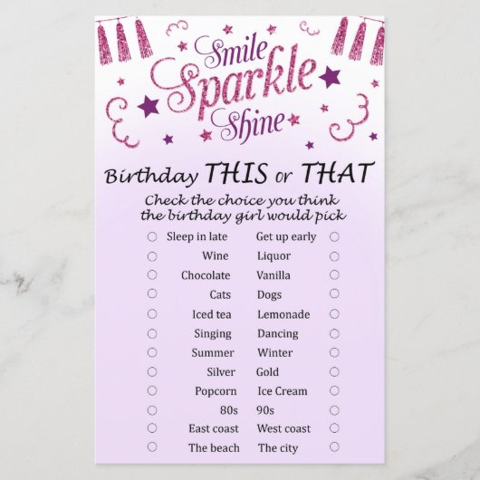 Roze glitter Birthday Dit of dat spel (Voorkant)
