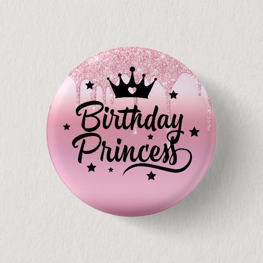 Roze Glitter "Birthday Princess" Ronde Button 3,2 Cm (Voorkant)