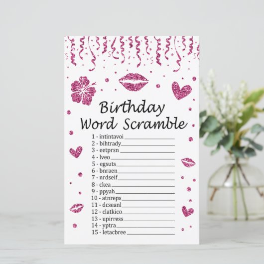 Roze glitter Birthday Word Scramble Game (Staand voorkant)