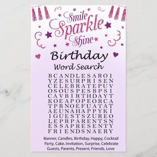 Roze glitter Birthday Word Search Game (Voorkant)