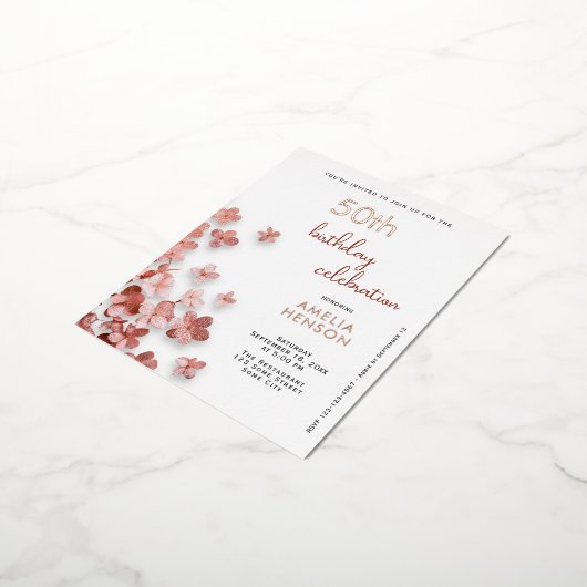 Roze Glitter Bloemen Bloemen 50ste Verjaardag Folie Uitnodiging Briefkaart (Gedraaid)