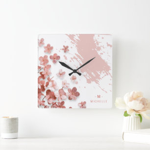 Roze Glitter Bloemen Bloemen Borstelstreek Monogra Vierkante Klok