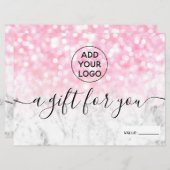 Roze glitter bokeh marmer logo gift certificaat (Voorkant / Achterkant)