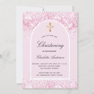Roze glitter boog meisje gouden kruis doopsel kaart
