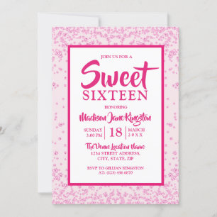 Roze Glitter Border Girly Sweet 16 Party Invite Kaart