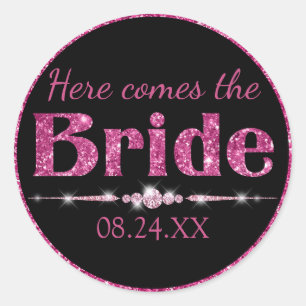 Roze Glitter Bruid en Diamanten op Zwart Ronde Sticker