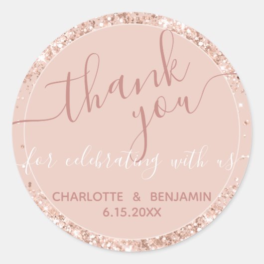 Roze Glitter Bruiloft Dank u Ronde Sticker (Voorkant)