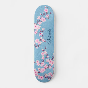 Roze Glitter Cherry Blossom Monogram Girly Skateboard