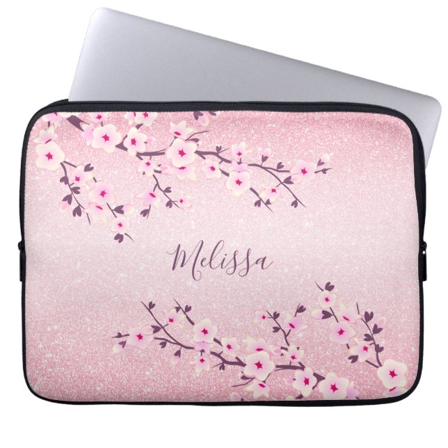 Roze Glitter Cherry Blossom Monogram Laptop Sleeve (Voorkant)